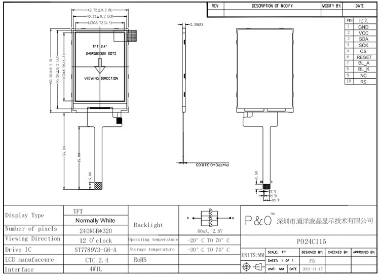 Polcd RoHS 2.4 इंच LCD Tft डिस्प्ले ST7789V3 TFT LCD मॉड्यूल 4 वायर SPI