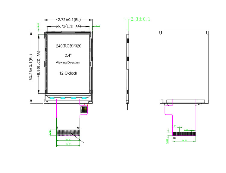 Polcd ST7789V 2.4 इंच Tft डिस्प्ले 12 0'CLOCK 240x320 Tft एलसीडी पैनल स्क्रीन