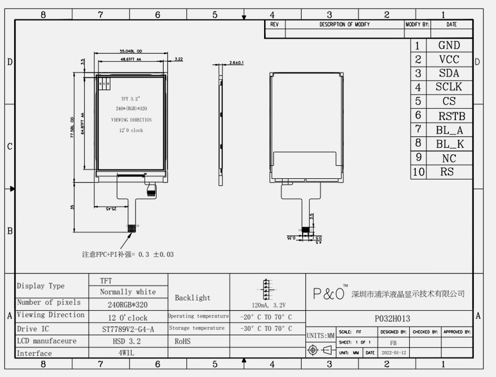 Polcd ST7789V 3.2 इंच Tft LCD रंग 262K TFT LCD डिस्प्ले 48.6mm 12 0'CLOCK
