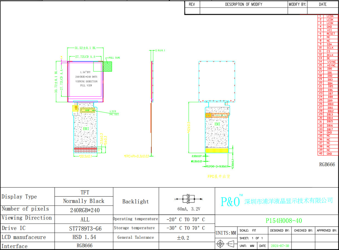 Polcd 1.54 इंच TFT एलसीडी डिस्प्ले 240x240 IPS स्क्वायर स्क्रीन 40 पिन RGB666 इंटरफेस एलसीडी पैनल