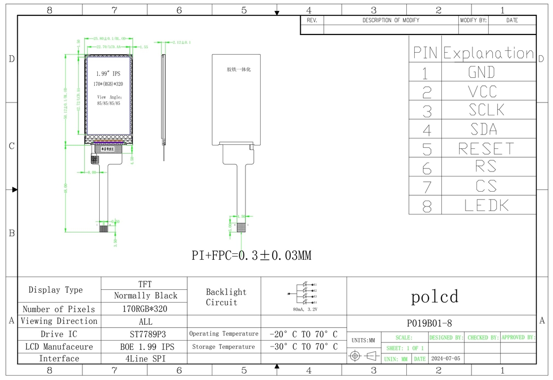 पॉलकैड 1.9 इंच 170*320 ST7789P3-G6 SPI बार TFT एलसीडी मॉड्यूल स्क्रीन 8 पिन IPS वर्टिकल एलसीएम डिस्प्ले