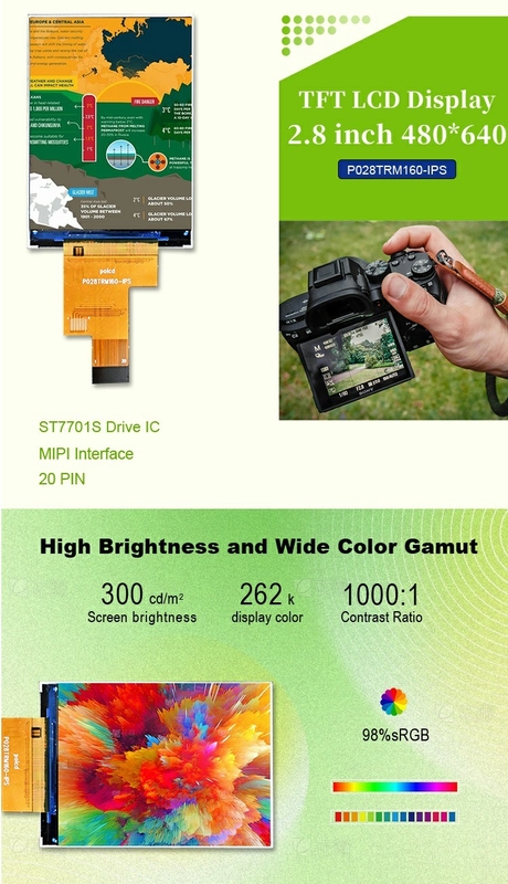 Polcd 2.8 इंच IPS एलसीडी डिस्प्ले MIPI इंटरफेस के साथ 480x640 रिज़ॉल्यूशन 300nits 2.8 
