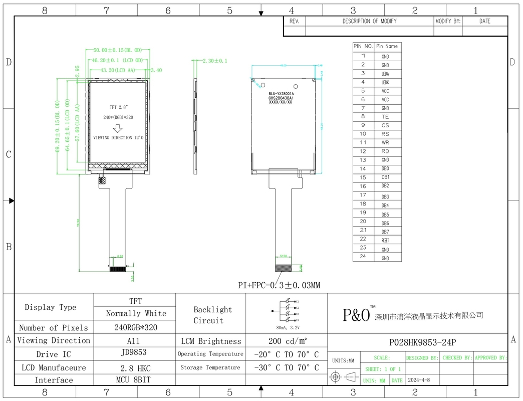 Polcd 2.8 इंच TFT डिस्प्ले 240x320 IPS स्क्रीन हाई कंट्रास्ट 1200:1 TFT पैनल एलसीडी मॉड्यूल