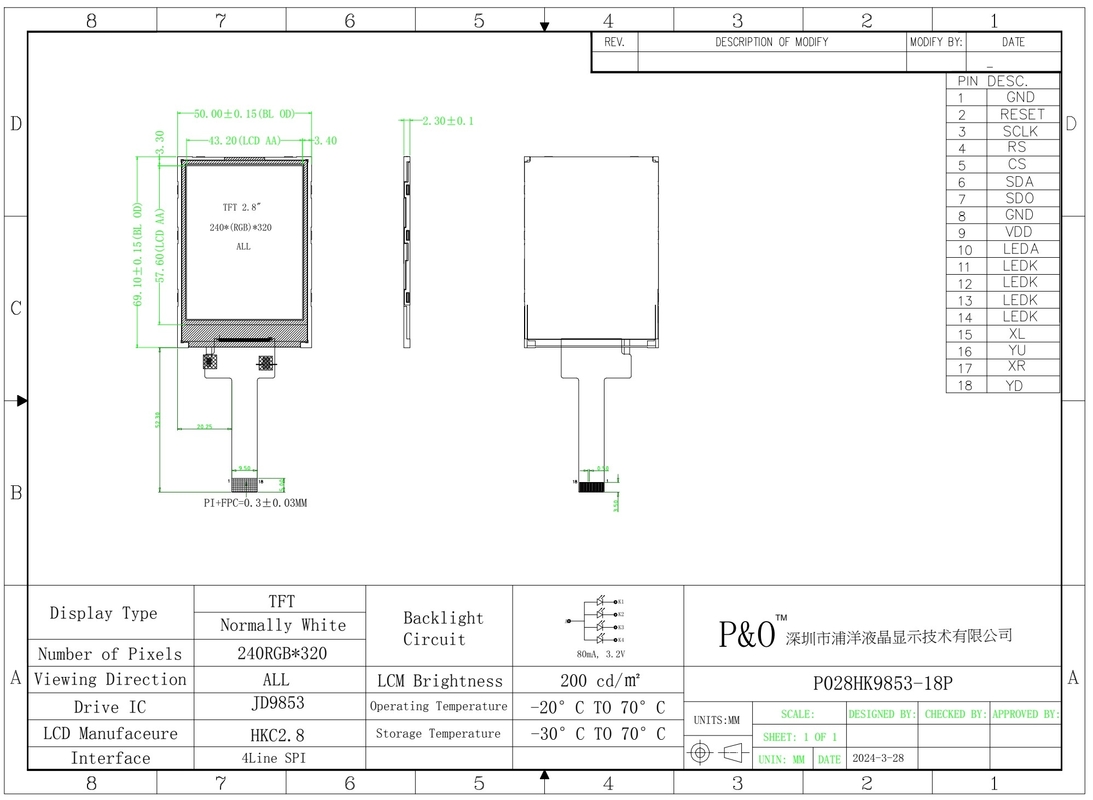 Polcd 2.8 इंच 240x320 IPS TFT एलसीडी स्क्रीन SPI JD9853 IC सभी मुक्त देखने के कोण पैनल डिस्प्ले मॉड्यूल