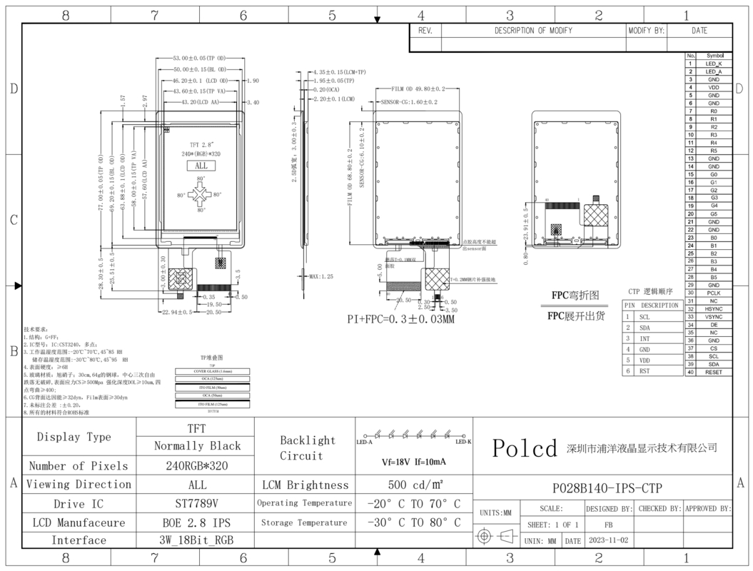 Polcd 2.8 इंच Tft टच एलसीडी डिस्प्ले मॉड्यूल 240*320 आरजीबी इंटरफेस रंग टच लघु स्क्रीन