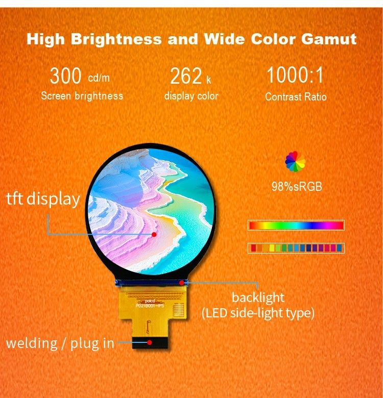 एलसीएम और पैनल के लिए एमआईआई इंटरफेस के साथ पोलकड 2.1 इंच 480x480 आईपीएस राउंड टीएफटी कलर डिस्प्ले एलसीडी मॉड्यूल