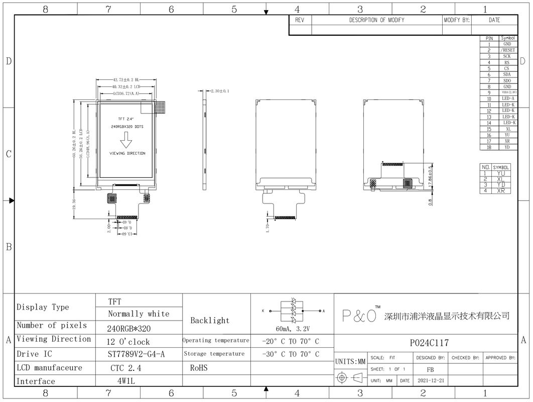 Polcd 18 पिन 2.4 Spi Tft LCD डिस्प्ले ST7789V2 Tft टच स्क्रीन डिस्प्ले