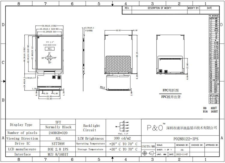 Polcd छोटा 2.8 इंच 240x320 QVGA उच्च चमक 300nits MCU RGB इंटरफ़ेस IPS TFT डिस्प्ले