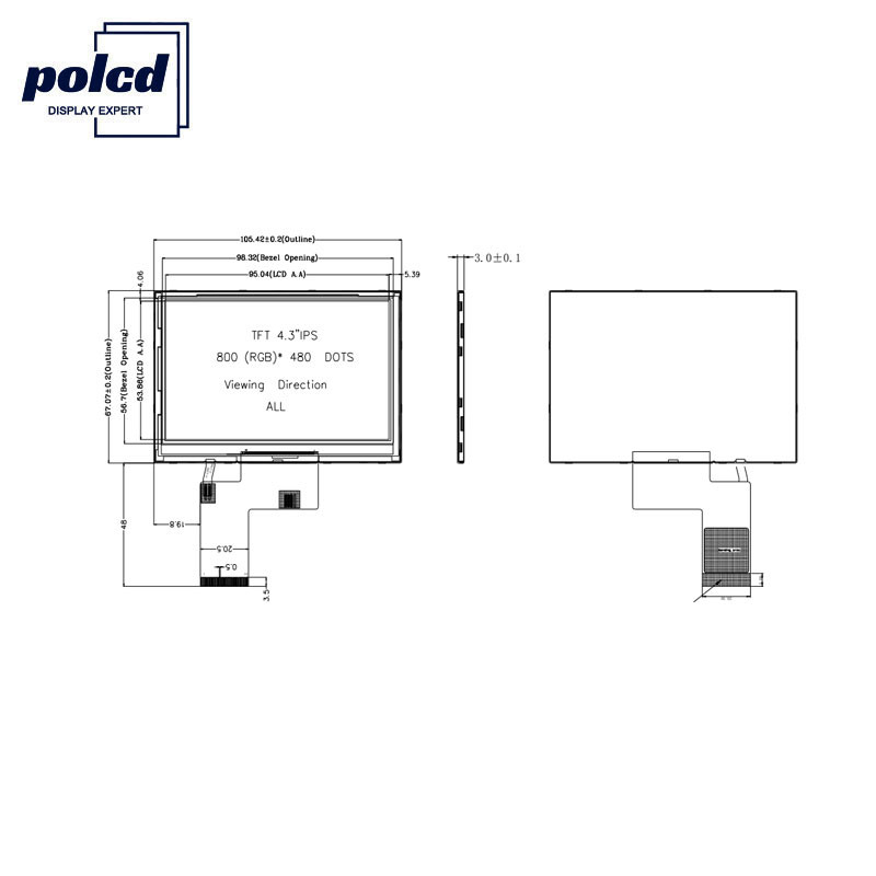 Polcd ST7262E43 4.3 इंच कैपेसिटिव टच स्क्रीन 40 पिन एलसीडी 800x480 300 निट
